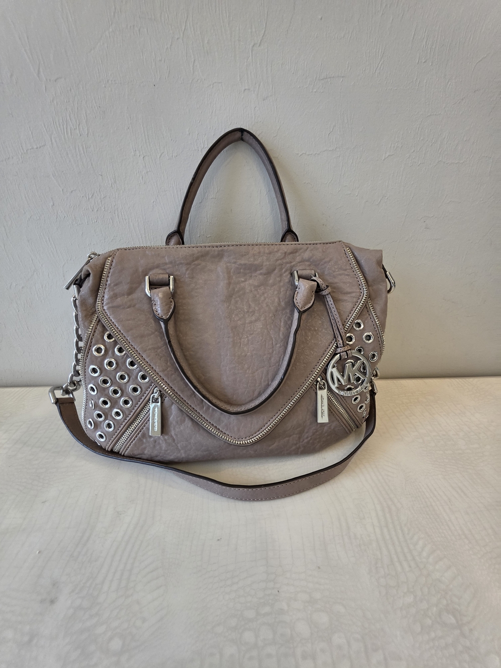 Michael Kors Odette Grommet Taupe Leather Satchel Chain Strap Bag